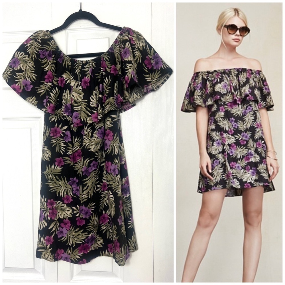 Reformation Lenai Black Purple Floral Linen Bardot Off Shoulder Mini Dress XS